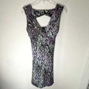 MT Collection Purple and Green Abstract Print Sleeveless  Dress Cutout B- Size M